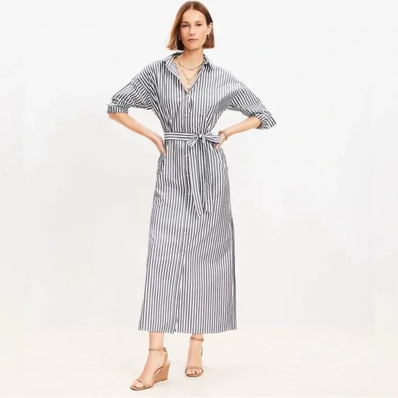 LOFT Light Blue Striped Poplin Belted Pocket Shirtdress - Picture 1 of 5